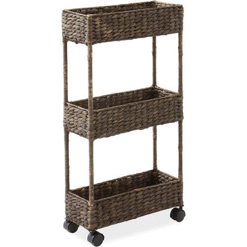 Casafield 3-Tier Slim Rolling Storage Cart - Espresso Dark Brown, Water Hyacinth Utility Cart for Bathroom, Craft Room, Nursery, Laundry Room Organization