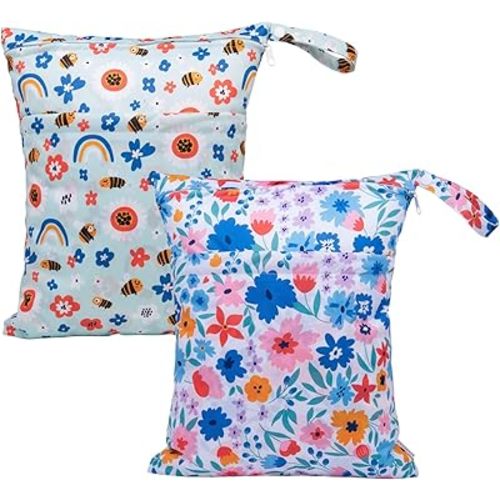 ALVABABY 2pcs Cloth Diaper Wet Dry Bags Waterproof Reusable with Two Zippered Pockets Travel Beach Pool Daycare Soiled Baby Items Yoga Gym Bag for Swimsuits or Wet Clothes LX-YX8688