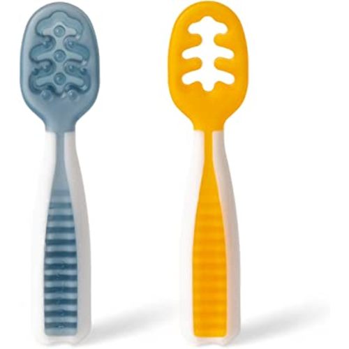 NumNum Pre-Spoon GOOtensils | Baby Spoon Set (Stage 1 + Stage 2) | BPA Free Silicone Self Feeding Toddler Utensils | For Kids Ages 6 Months+, 1-Pack, 2 Spoons, Blue/Orange