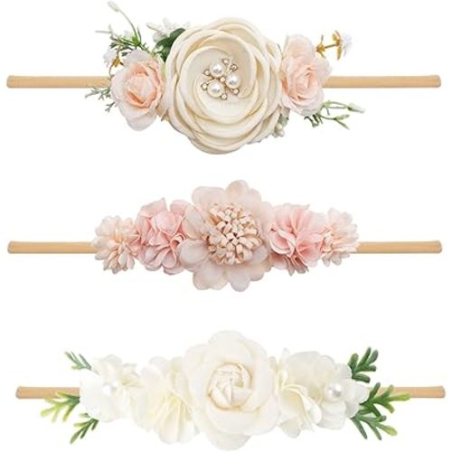 Baby Girl Headbands Nylon Flower Elastic Hairbands 3pcs Hair Accessories Gift for Newborn Infant Toddlers (YM2)