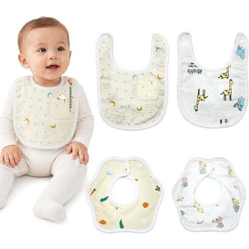 Baby Bibs with Side Pocket, Cotton, Unisex Drooling Bibs, 1 waterproof petal shape & 1 regular U shape bib per pack