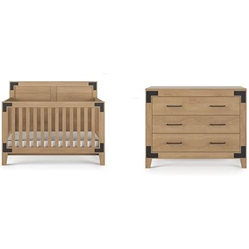 Child Craft Lucas Design 4-in-1 Convertible Baby Crib Nursery Furniture Set, Baby Bed and 3 Drawer Dresser, for Babies, Toddlers and Kids Bedroom (2 Piece - Nutmeg)