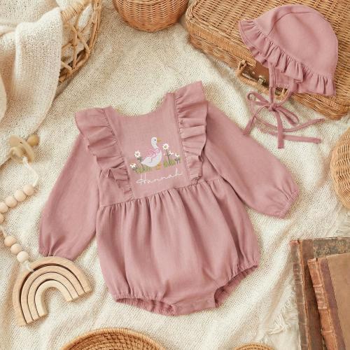 Embroidered Silly Goose Ruffled Linen Romper, Custom Baby Name Romper and Hat, Baby Girl Shower Gift, Newborn Apparel, Coming Home Outfit