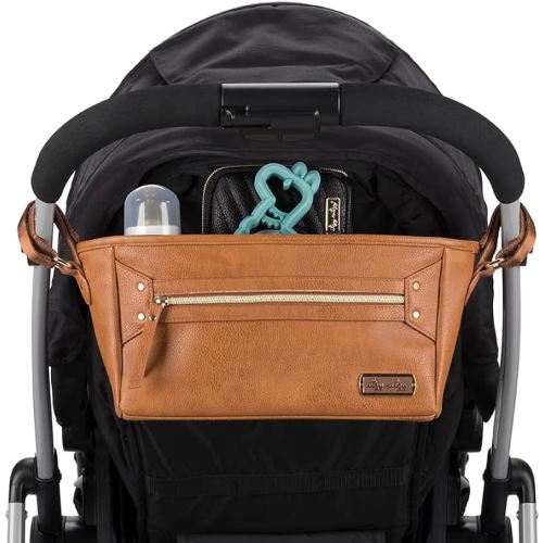 Itzy Ritzy Adjustable Stroller Caddy and Organizer Bag Featuring Front Zippered Pocket, 2 Built-in Interior Pockets & Adjustable Straps to Fit Nearly Any Stroller (Cognac)