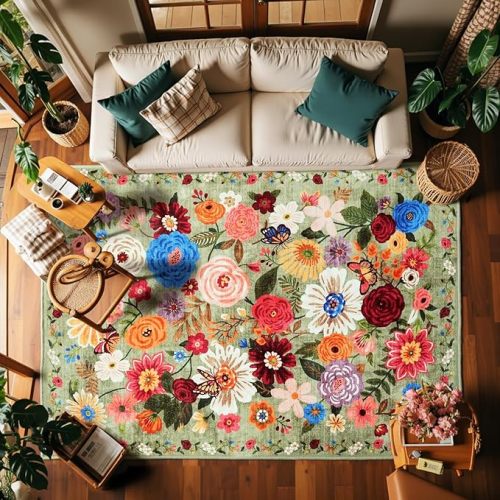 Floral Washable 6x9 Area Rugs Green, Soft Bedroom Rug for Living Room Ultra-Thin Non Slip Dining Room Rug, Stain Resistant Rugs Easy Clean Throw Carpet for Office(6 x 9, Green Garden)