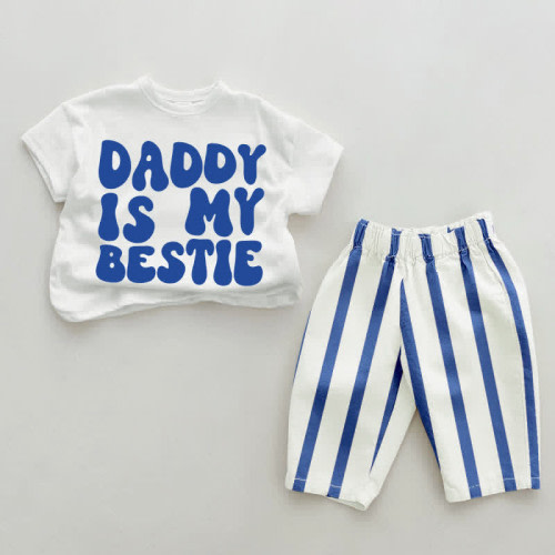 DADDY IS MY BESTIE Baby Blue Vertical Striped 2-piece Set