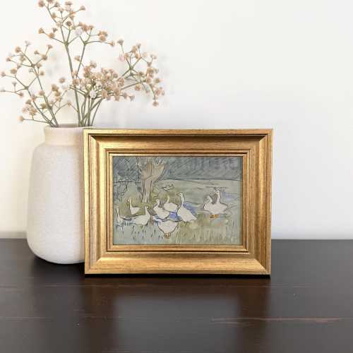 Vintage Duck Print Framed Wall Art, Cottagecore Goose Painting, Rustic Farmhouse Decor, Small Nature Artwork, Neutral Nursery