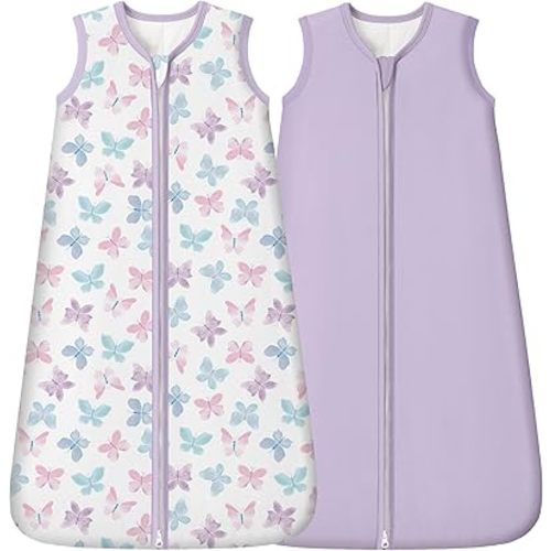 Rayon Made from Bamboo Baby Sleep Sack 0-6 Months, 1.0 Tog Baby Wearable Blanket, Soft Sleeping Bag for Newborn Infant Babies with 2-Way Zipper 2 Pack (Small) Purple Butterfly