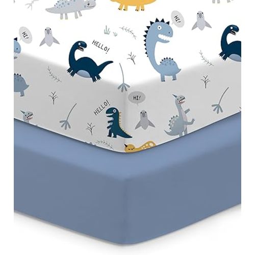 Baby Crib Sheets Boy Girl for Standard Crib Mattress - Dinosaur+Blue, Soft and Stretchy, Snug and Cozy, Fits 28''x52''x9'' Extra Deep Pocket