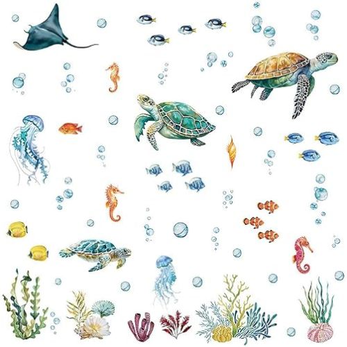 Ocean Animal Wall Decals, 65pcs Underwater World Cartoon Wall Stickers for Kids Room, Nursery, Kindergarten - Self-Adhesive Marine Life Wall Decor