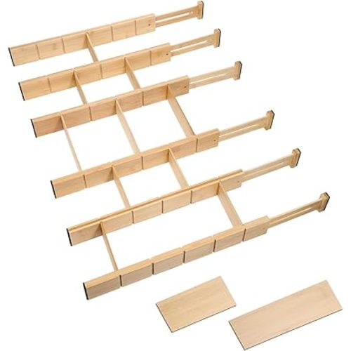 6 Pack Bamboo Drawer Dividers with 12 Inserts Expandable Adjustable 17" to 22" Drawer Organizers Separators for Kitchen, Bedroom, Home, Clothes, Dressers, Office