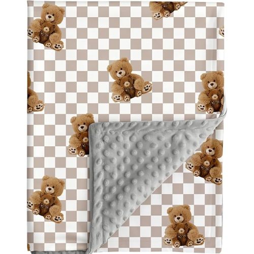 Bear and Buffalo Check Plaid Baby Blanket Gender Neutral Blankets for Newborn Baby Girls or Boys Nursery Toddler Double Layer Blanket with Dotted Backing and Bear Printed (Bear 2)