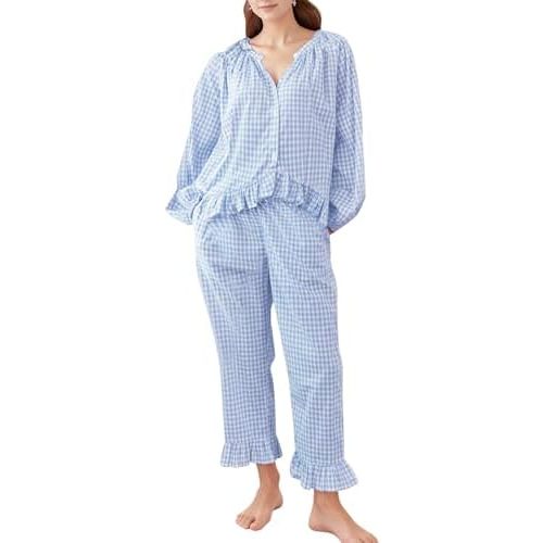 COZYPOIN Womens Plaid 2 Piece Pajamas Sets Cotton Gingham Puff Long Sleeve Cute Shirt Ruffle Pants Y2K Pjs Lounge Set