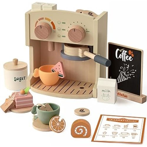 Wooden Coffee Play Set - 22PCS Pretend Play Coffee Maker Toy for Kids Age 3-8, Montessori Learning Toys with Realistic Espresso Machine & Accessories