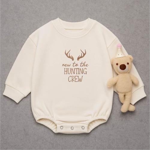 New to the Hunting Crew Baby Romper, Embroidered Baby Outfit, Rustic Deer Antlers Infant Jumpsuit, Newborn Hunter Gift