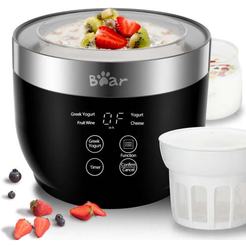 Yogurt Maker, Greek Yogurt Maker Machine with Strainer and Timer Control, Stainless Steel Inner Pot, Automatic Digital with 2 Glass Jars 1 Quart for Home Organic Yogurt, Cheese, Fruit Wine