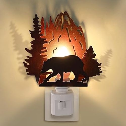 Tuanse Forest Bear Plug in Night Light Wilderness Farmhouse Bear Forest Mountain Night Light Decorative Vintage Cabin Metal LED Lamp Decor for Holiday Bedroom Living Room Bathroom Christmas Gift