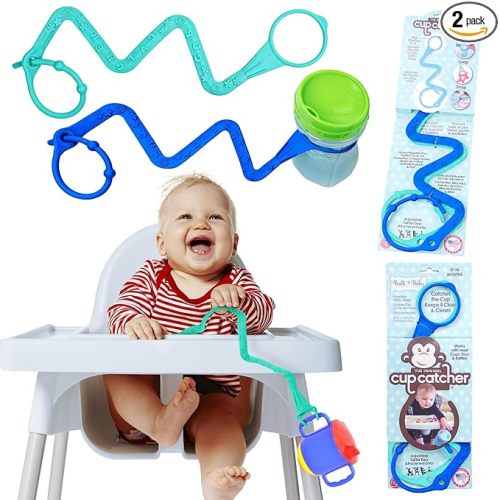 Brilli Baby Cup Catcher Patented Safety Tether Strap, Attach Sippy Cups, Bottles, Pacifiers & More to Stroller, High Chair, Car Seat, Made in USA, Food Grade, Dishwasher Safe, Aqua/Navy