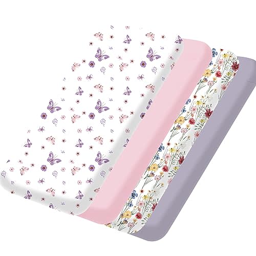 Bimocosy Pack and Play Sheets Fitted 4 Pack, 38 x 26 Inch Pack n Play Mini Crib Sheets for Boys and Girls, Soft Stretchy Playard Mattress Sheets for Graco Pack n Play, Butterfly Meadow