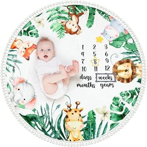 Peryiter Baby Monthly Milestone Blanket 43.3" x 43.3" Safari Jungle Animals Leaf Newborn Play Mat Flannel Round Baby Blankets with Growth Chart Pompom Ball for Boy Girl Nursery Decor Props Shower Gift
