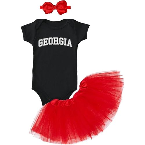 Georgia - State Proud Strong Pride Sports Baby Bodysuit + Tutu Skirt + Bow Headband Set