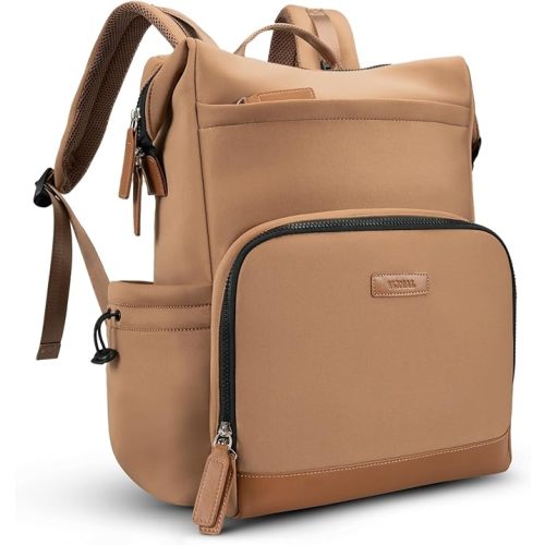 VONAL Neoprene Diaper Bag Backpack with Changing Pad, 33L Large Capacity Neoprene Backpack Baby Diaper Bag with Insulated Pockets, Travel Diaper Backpack Baby with 12 Pockets for Mom & Dad, Brown