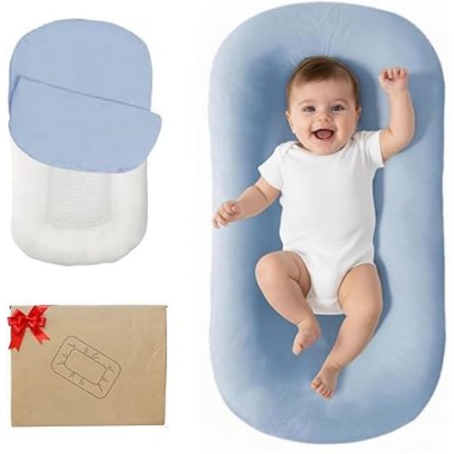 Lucakuins Infant Support Cushion, 0-24 Months Newborn Baby Support Cushion with Cover, Portable Playing Time Mat for Home and Travel, Soft Cotton, Supervised Use, Baby Essentials Gift (Blue)