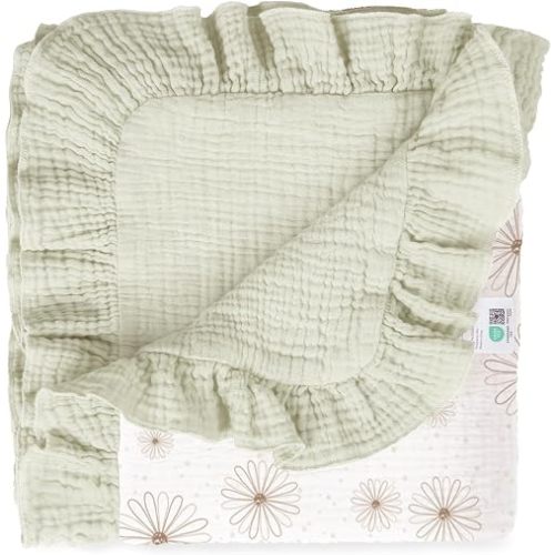 lulumoon Ruffle Muslin Baby Blanket: Soft Breathable Cotton Crib Blanket for Newborn Girls - Lightweight Receiving Wrap for Stroller & Photography Backdrop 40"x36"(Daisy)