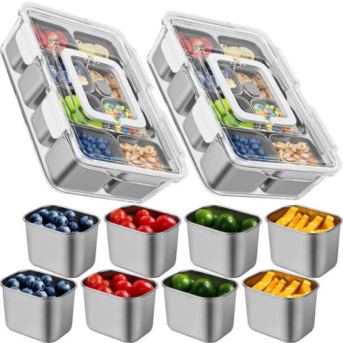 Snackle Box Container 2Pcs, Cuopluber Stainless Steel Divided Serving Tray with Lid and Handle, 8 Compartment Portable Snack Platters, Clear Storage Organizer for Fruit Candy Nuts Veggie