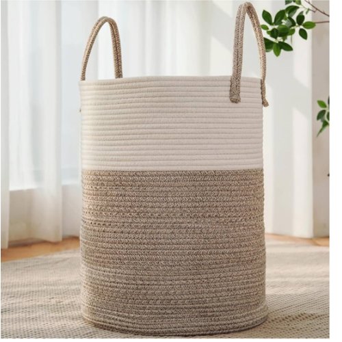 Large Woven Laundry Basket Hamper,60L Cotton Rope Storage Bin for Blankets,Toys and Clothes,Decorative Tall Nursery Hamper for Living Room,Baby Nursery,Bathroom and Bedroom,Brown