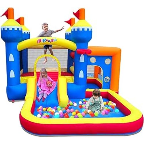 Inflatable Bounce House, Bouncy House for Kids 3-10 Ages, Jumping Castle with Air Blower,Carry Bag, Ball Pit, Basketball Hoop, Slide