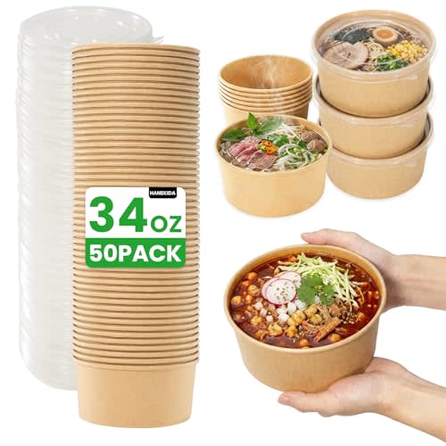HANEKIDA 50 Count 34 oz Disposable Meal Prep Containers with Lids, Soup Serving Bowls Disposable Paper Bowls | Microwave-Safe | for Party, Takeout, Gatherings, Outdoor Meals