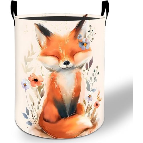 Fox Laundry Basket Hamper 19.7"x15.8", Cute Animal Foldable Waterproof Oxford Clothes Storage Bucket for Room Bathroom Bedroom Nursery Decor, Toy Organizer Bins Gifts for Kids Boys Girls