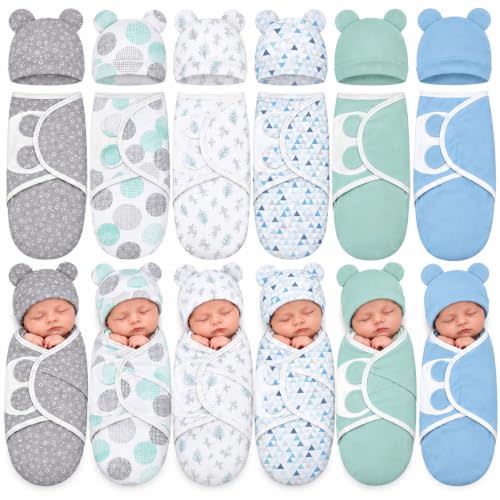 Ramede 6 Pack Baby Swaddle Blankets with Hats,Groovy,Grey | Soft Cotton Wrap for Newborn Boys 0-3 Months, Adjustable Breathable Sleep Sack Set, Skin-comfortable Receiving Blanket