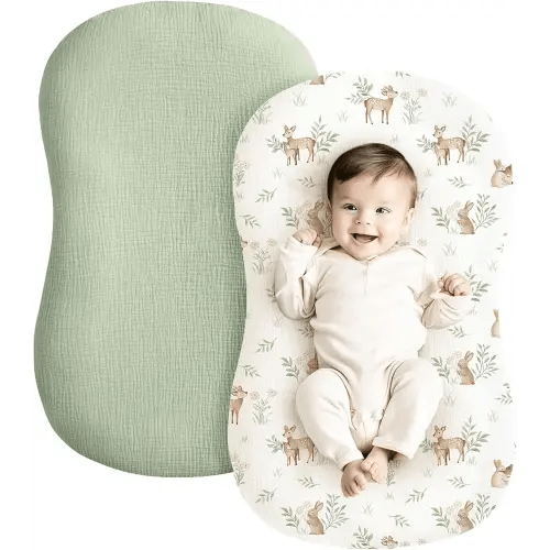 Konssy Muslin Baby Lounger Cover 2 Pack, 100% Cotton Newborn Lounger, Soft and Breathable for Boys & Girls (Woodland, Sage)
