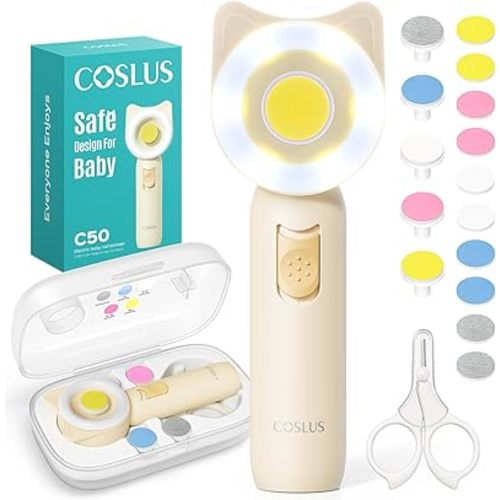 COSLUS Baby Nail Trimmer Electric: Gentle Baby Nail File with Quiet Design & 360° Light - Safe for Sleep Trim Grind, 16 in 1 Cute Nail Clipper Kit for Newborn Infant Toddler, C50, Beige