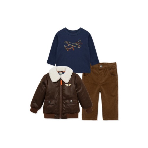 Set of 3 Aviator Graphic T-Shirt, Corduroy Pants & Faux Leather Flight Jacket