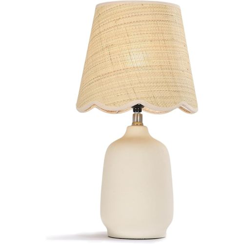 Pia Ricco 19" Modern Ceramic Table Lamp for Living Room Cream Base Desk Lamps for Bedroom Farmhouse Bedside Nightstand Lamp End Table Lamps,Beige,Rattan Shade