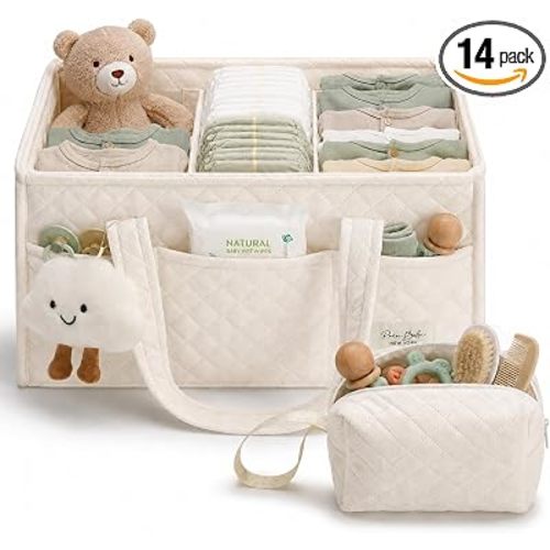 PeraBella Baby Diaper Caddy Organizer, Baby Basket Shower Gift, Portable Changing Table Basket, Postpartum Caddy & Tote Bag Pouch, Newborn Boy & Girl Nursery Essentials Registry, Car Diaper Organizer
