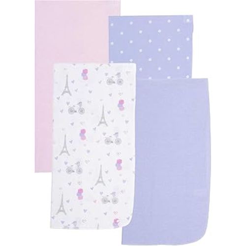 EVERYDAY KIDS 4 Pack of Soft Flannel Receiving Baby Blanket Set for Girls; Pink and Grey Baby Swaddle Blankets with Paris Eiffel Tower and Polka Dot Designs for Newborn Baby Girl Nursery