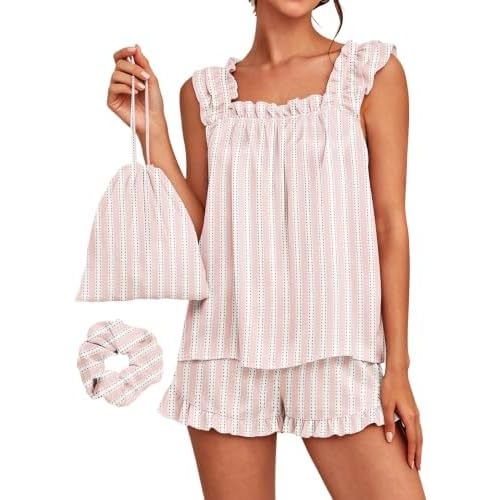 SAPJON Pajamas for Women 2 Piece Set, Summer Silk Satin Pjs, Ruffle Shorts