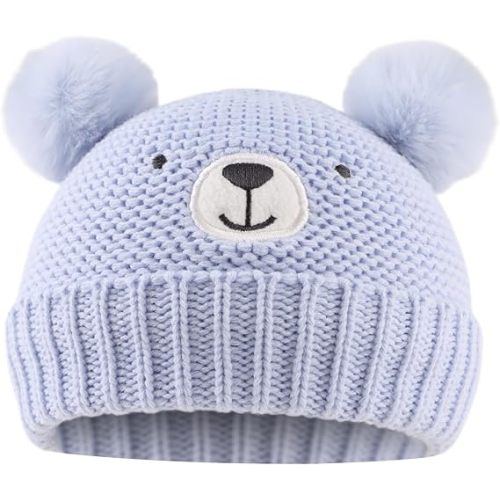 JANGANNSA Cute Bear Baby Beanie Pompom Baby Boy Hat Winter Knit Beanie Girl