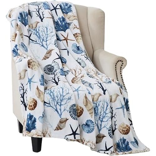 Ocean Life Coastal Throw Blanket: Soft Plush Velvet Fleece Blues Greys and Beige Brown on White, Accent with Shells Coral and Starfish, 50" x 70" Inches (Coral Reef)