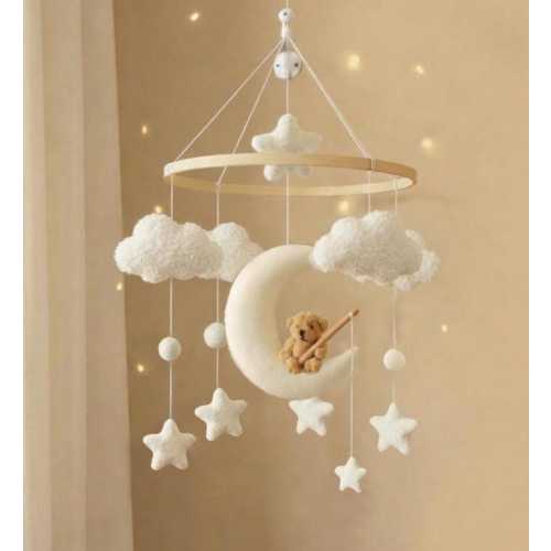 Moon & Teddy Bear Baby Mobile – Plush Clouds and Stars Nursery Decor