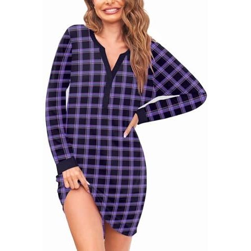 Ekouaer Women's Nightgown Long Sleeve Sleepshirt Button Down Nightshirt V Neck Pajama Dress with Pockets S-XXL