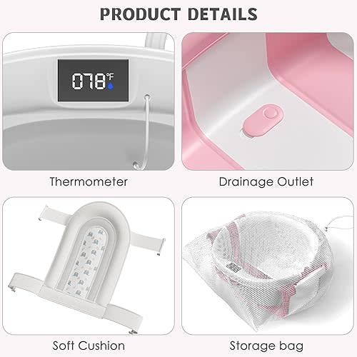 Collapsible Baby Bathtub for Newborn to Toddler 0-36 Months,Spacious Foldable Infant Bath Tub with Thermometer,Cushion & Drain Hole,Portable Travel Tub, Baby Shower Gift Blue