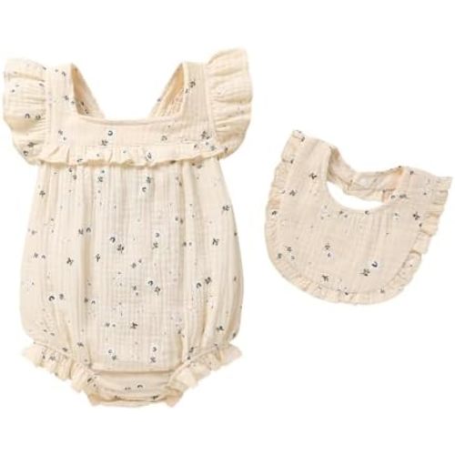 YOUNGER TREE Baby Girl Romper 100% Cotton Ruffle Sleeveless Summer Outfit with Accessory Soft Infant Clothes for Daily Wear