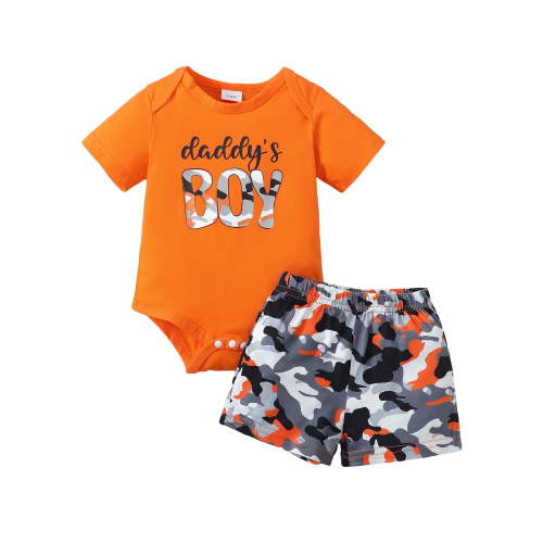 Kucnuzki Newborn Baby Boys Summer Outfits 6-12 Months Casual Clothing Sets Short Sleeves Letter Print Romper Top Camouflage Print Shorts Sets 2pcs Orange