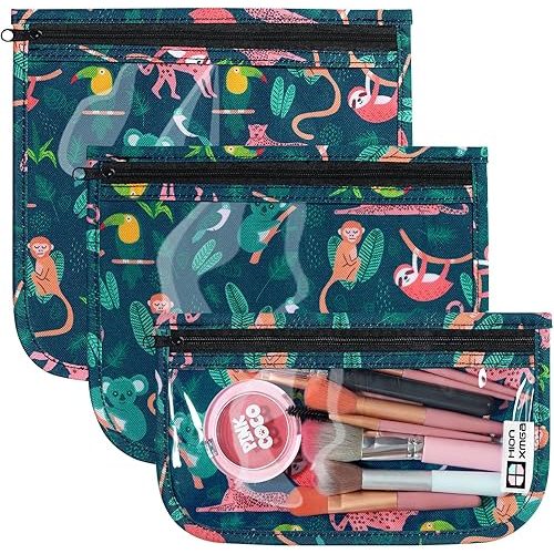 TSA Approved Toiletry Bag, Set of 3 Clear Travel Toiletry Bag Quart Size Zipper Travel Pouch, Waterproof Makeup Cosmetic Bag for Women Men Kids Toiletries Carry on, Jungle