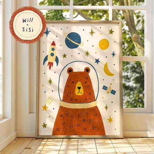Space Bear Nursery Print Astronaut Bear Wall Art Printed & Shipped Kids Room Decor Space Nursery Poster Whimsical Animal Artwork | 27